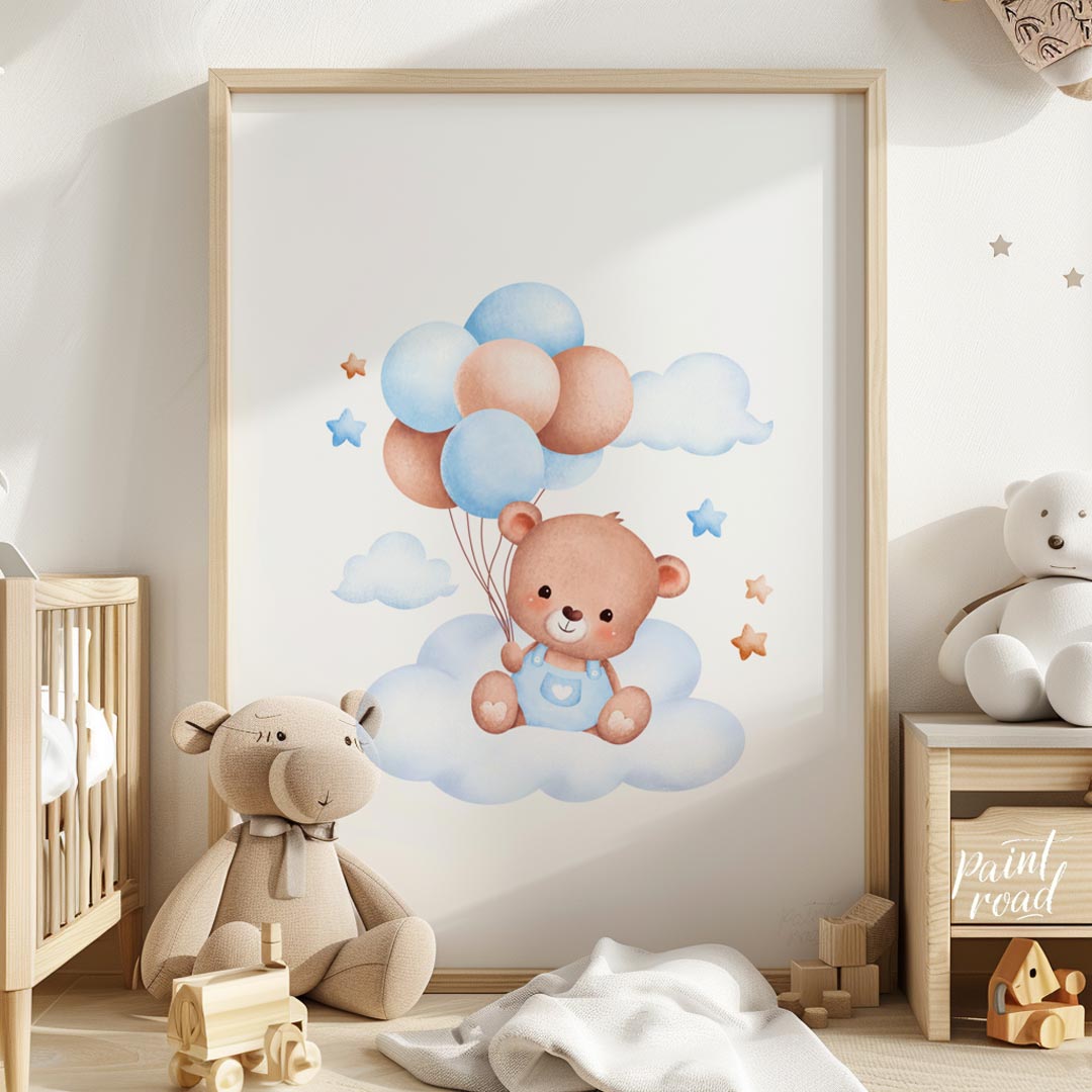 This enchanting artwork features an adorable teddy bear sitting calmly on a fluffy cloud, cradling … for nursery