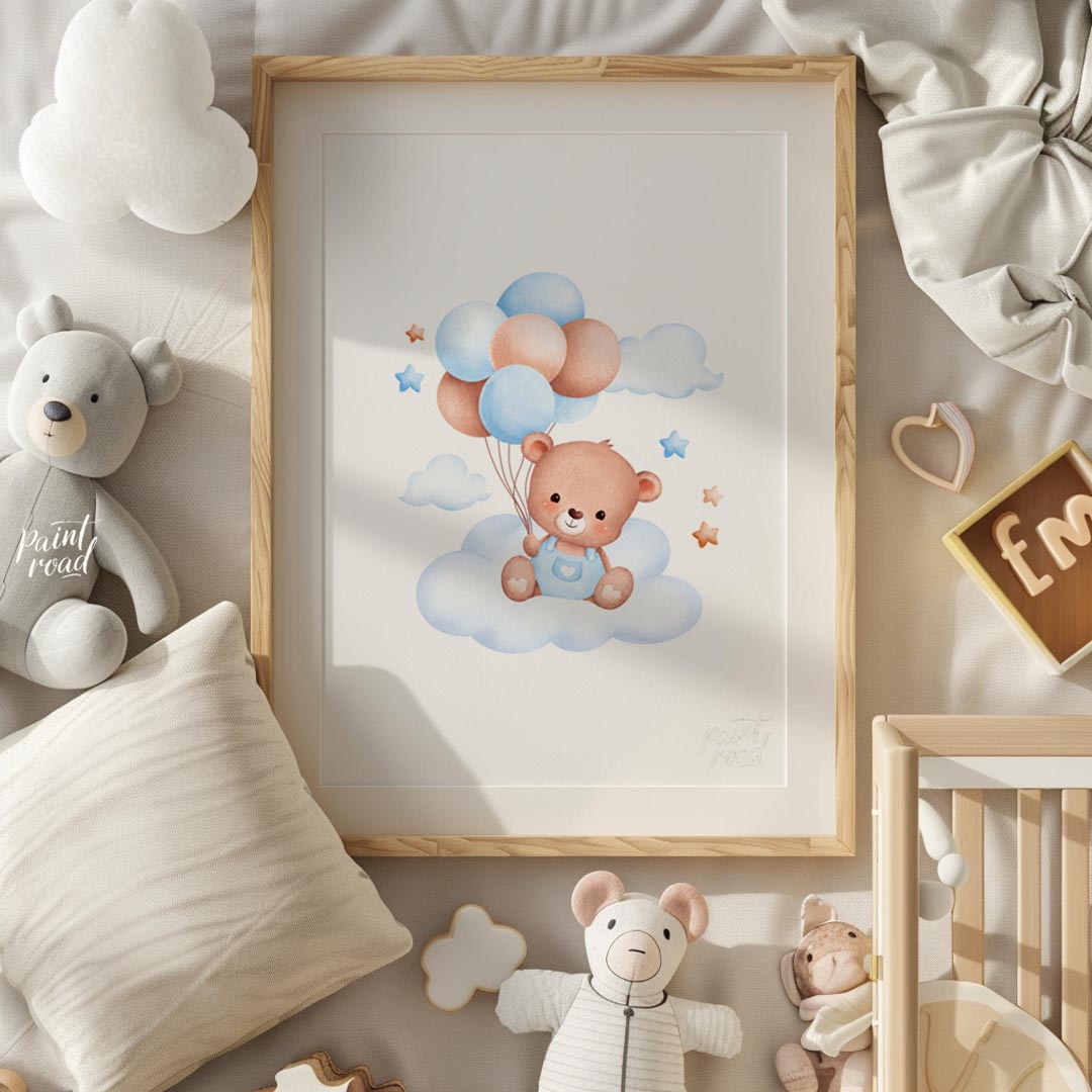 This enchanting artwork features an adorable teddy bear sitting calmly on a fluffy cloud, cradling … for nursery