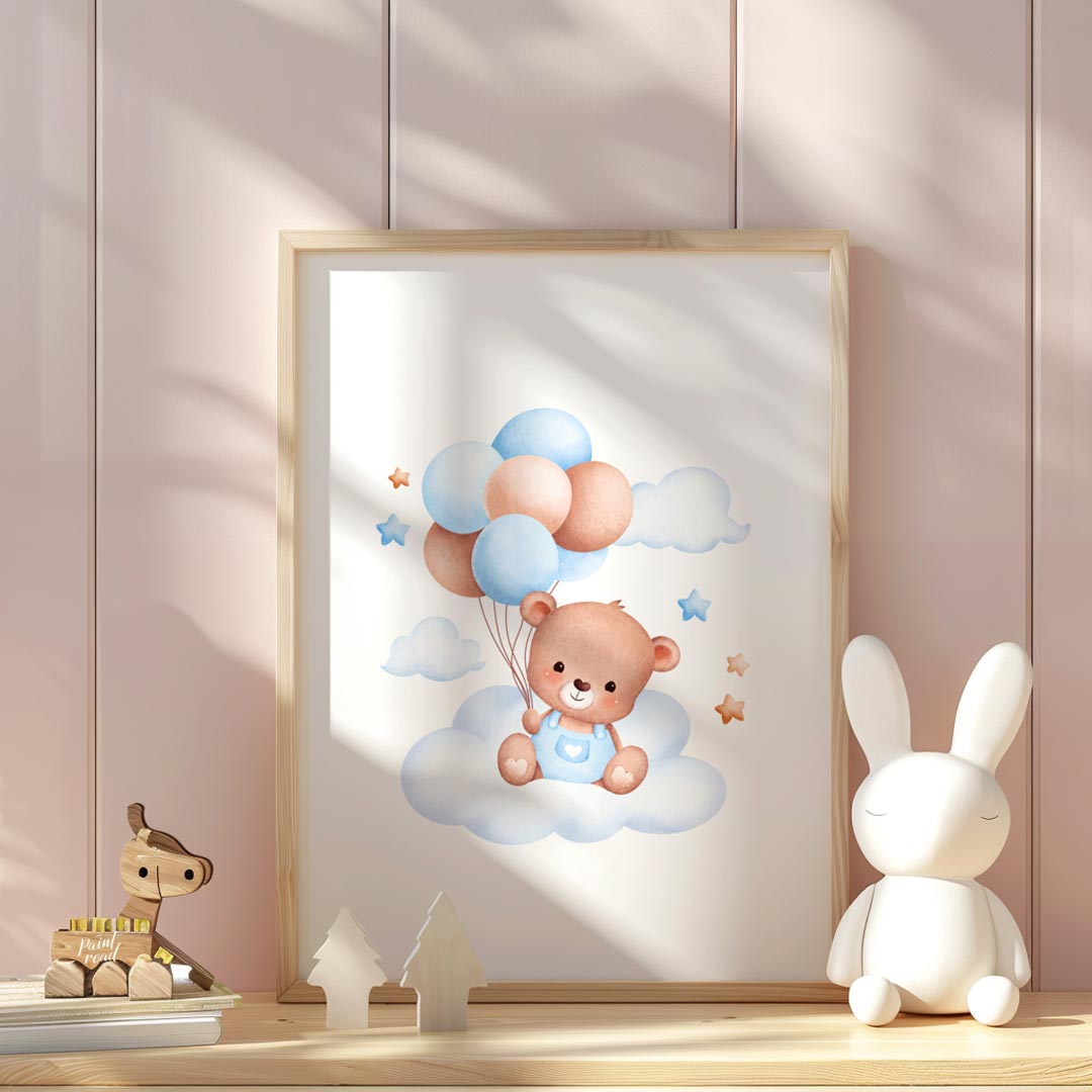 This enchanting artwork features an adorable teddy bear sitting calmly on a fluffy cloud, cradling … for nursery