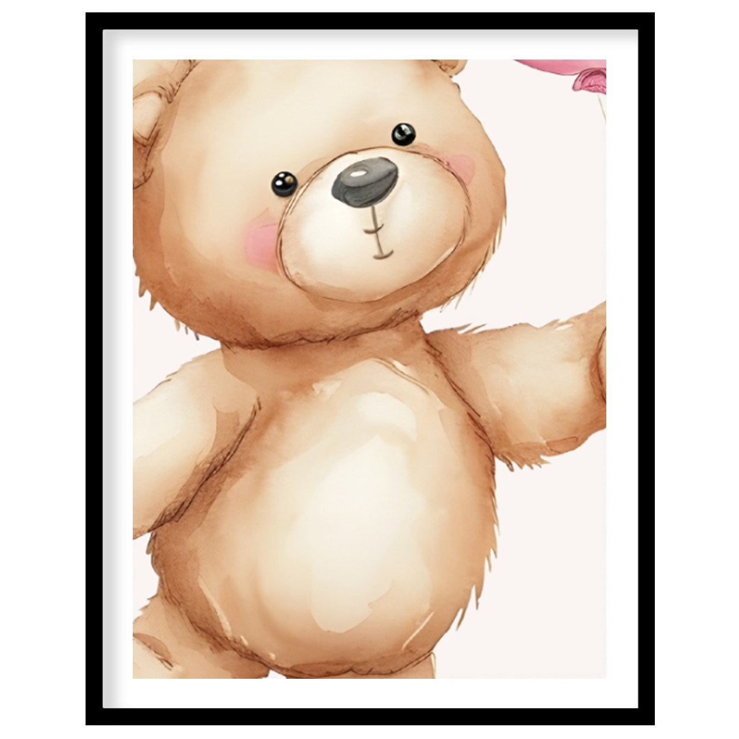 This uplifting and gentle poster showcases an adorable teddy bear clutching a trio of glossy pink b… for sweet home