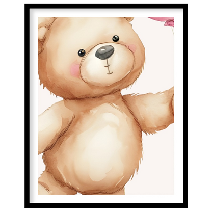 This uplifting and gentle poster showcases an adorable teddy bear clutching a trio of glossy pink b… for sweet home