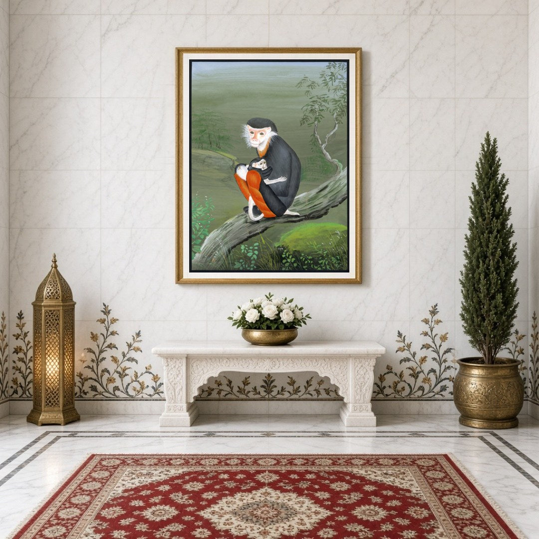 Discover an exquisite portrayal of maternal affection in this Indian miniature art print, featuring for Entrance