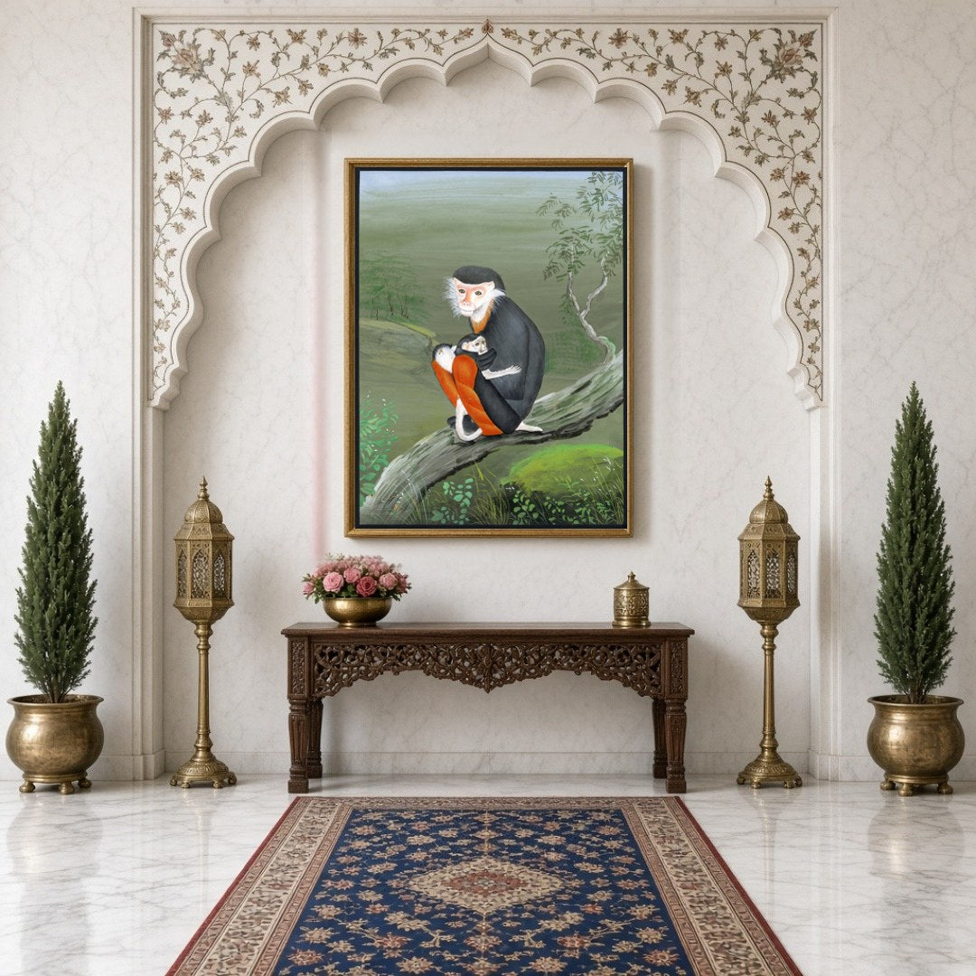 Discover an exquisite portrayal of maternal affection in this Indian miniature art print, featuring for Hallway