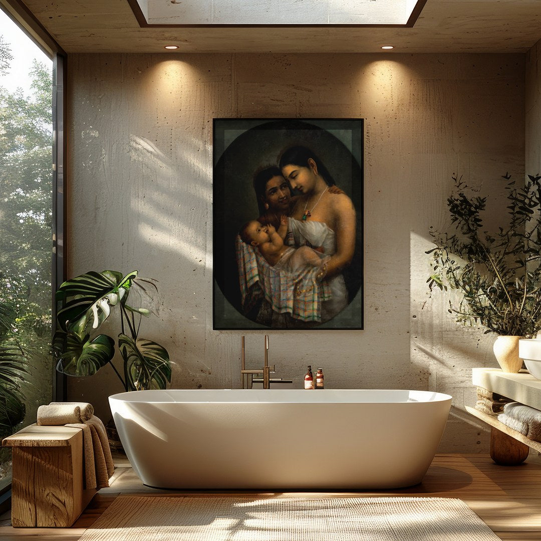 Experience the profound bond of motherhood captured in this exquisite artwork. Featuring a tender for Bathroom