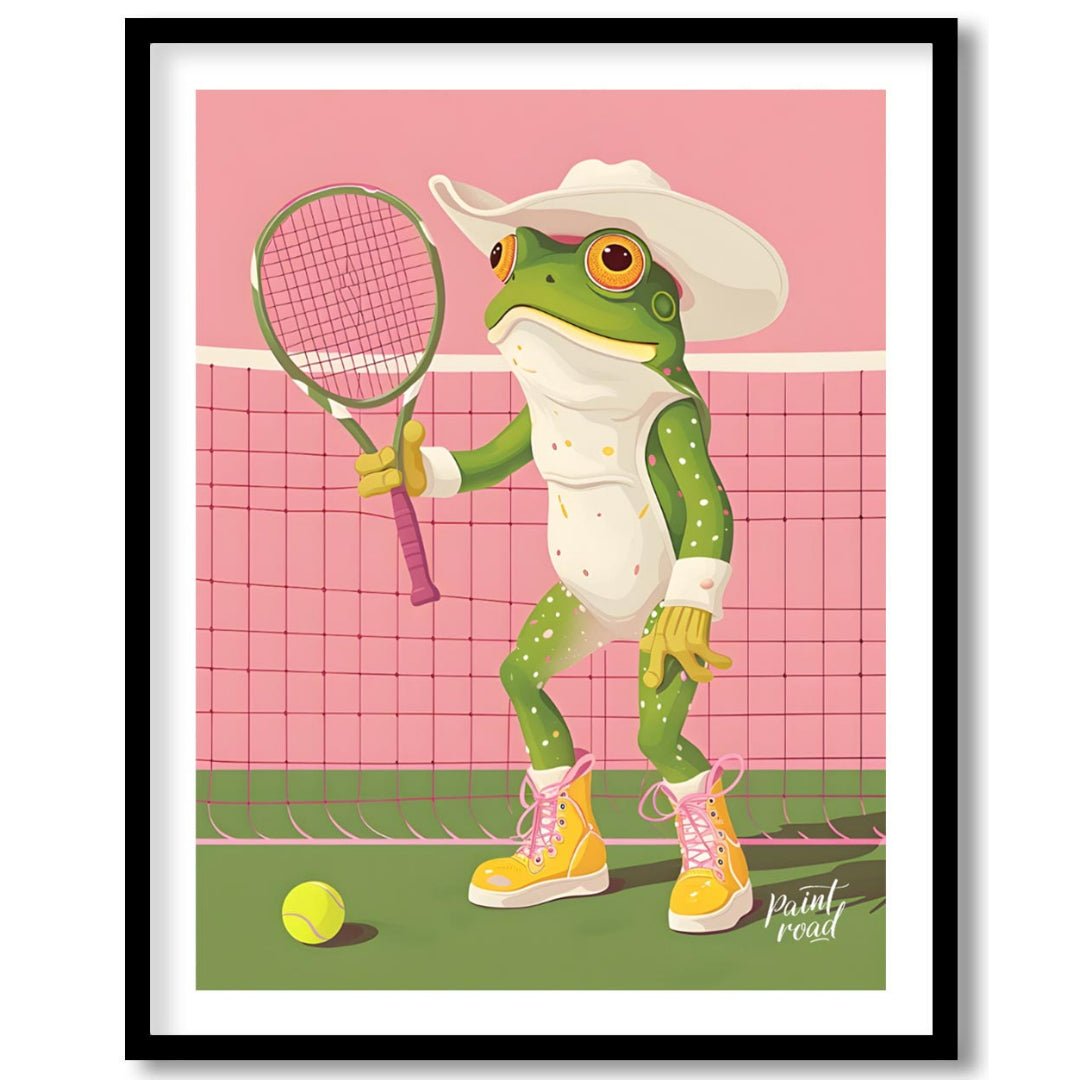 This whimsical digital illustration features a green frog, dressed in a white cowboy hat and yellow… for abode