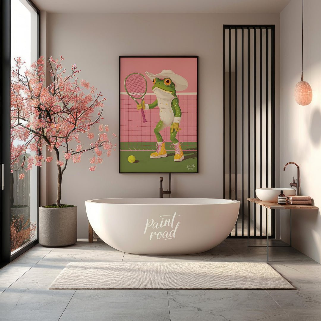 This whimsical digital illustration features a green frog, dressed in a white cowboy hat and yellow… for bathroom