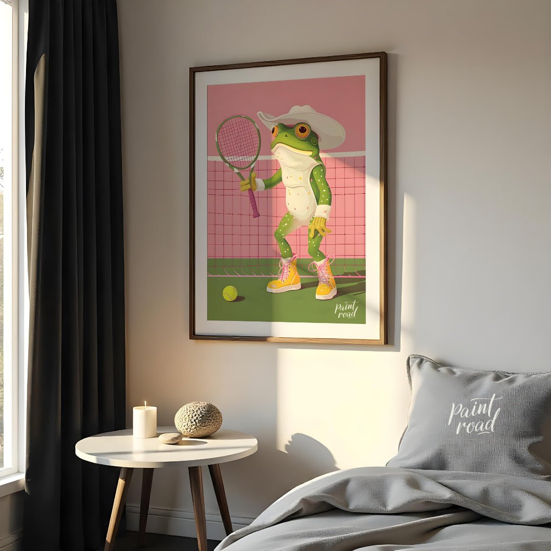 This whimsical digital illustration features a green frog, dressed in a white cowboy hat and yellow… for bedroom