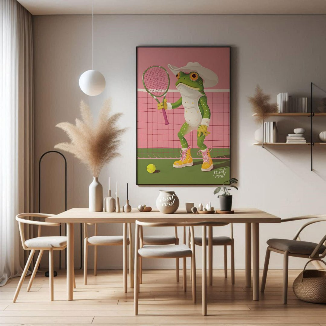 This whimsical digital illustration features a green frog, dressed in a white cowboy hat and yellow… for dining room