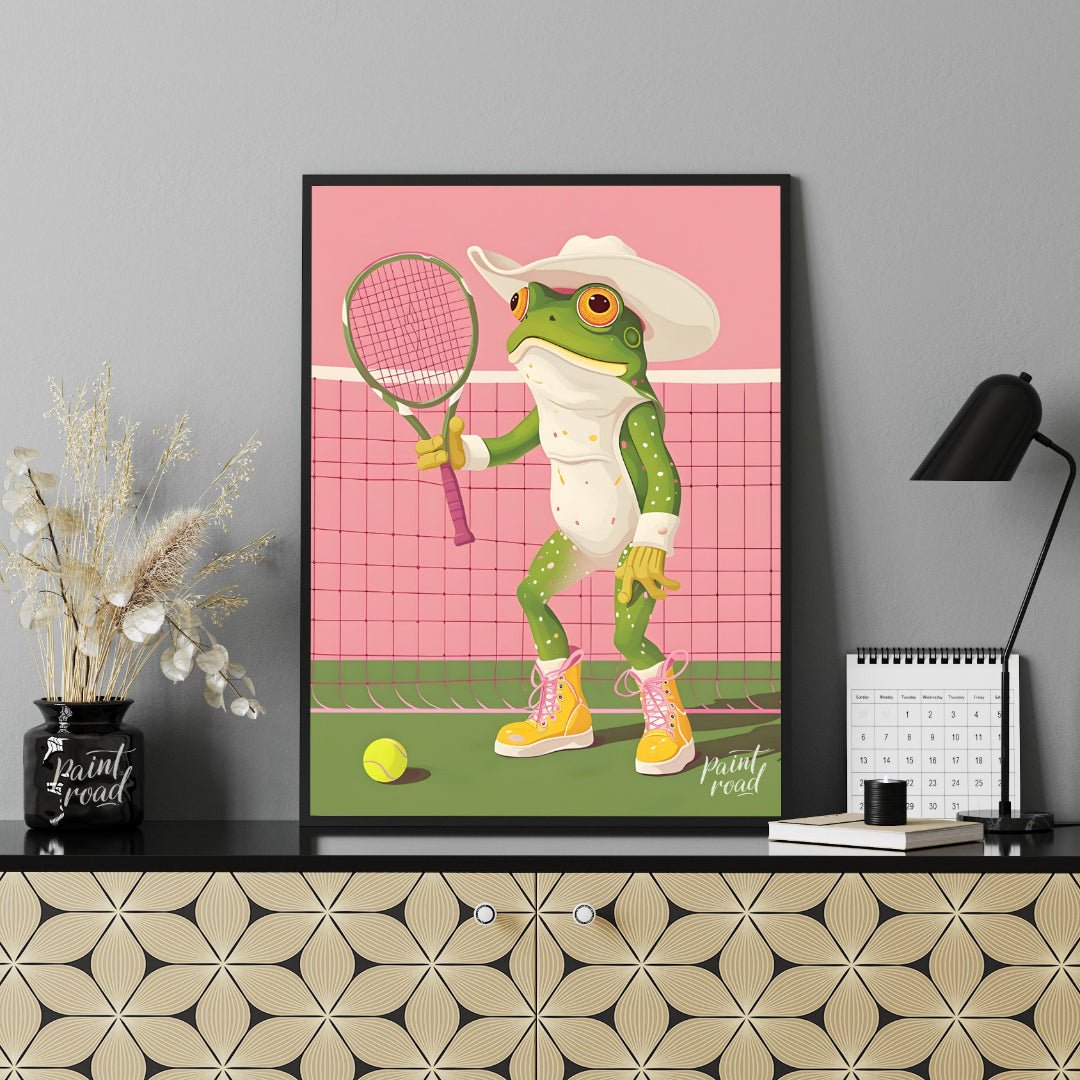 This whimsical digital illustration features a green frog, dressed in a white cowboy hat and yellow… for living room