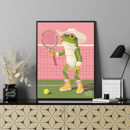 This whimsical digital illustration features a green frog, dressed in a white cowboy hat and yellow… for living room
