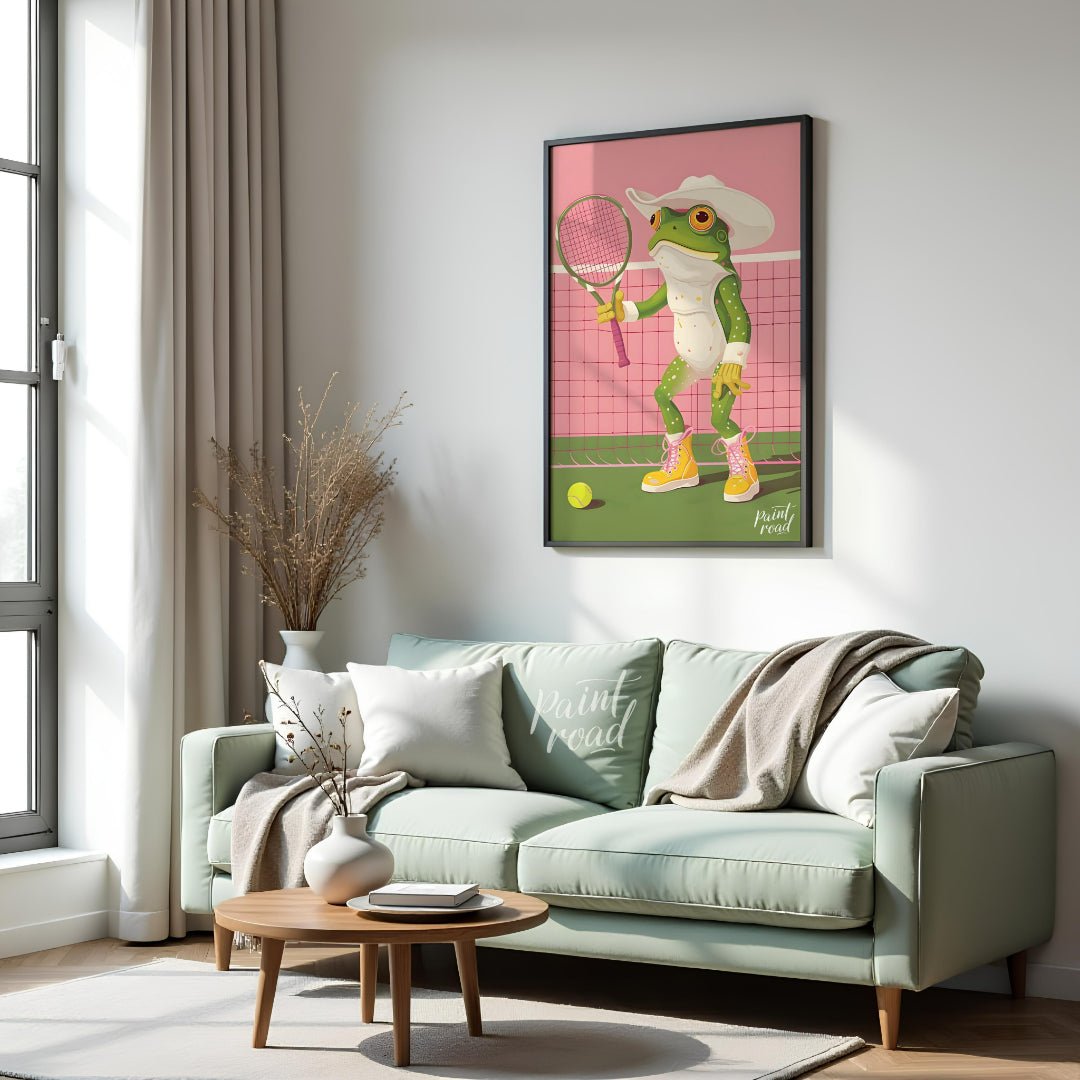 This whimsical digital illustration features a green frog, dressed in a white cowboy hat and yellow… for living room