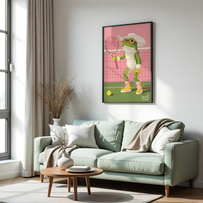 This whimsical digital illustration features a green frog, dressed in a white cowboy hat and yellow… for living room