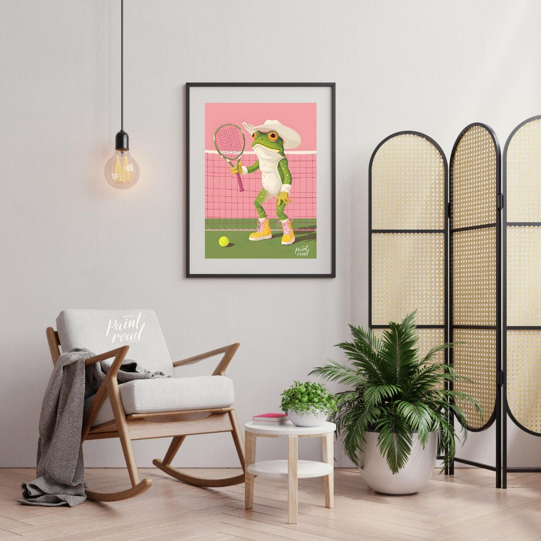 This whimsical digital illustration features a green frog, dressed in a white cowboy hat and yellow… for living room