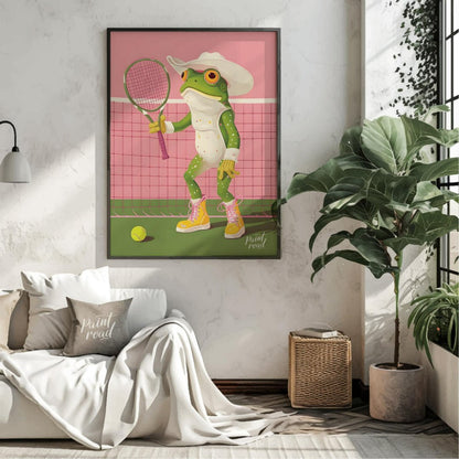 This whimsical digital illustration features a green frog, dressed in a white cowboy hat and yellow… for living room