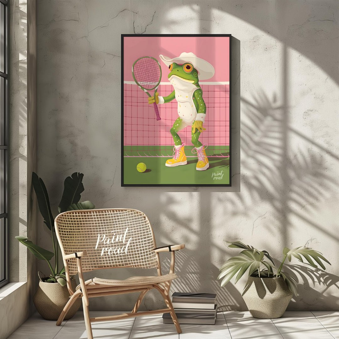 This whimsical digital illustration features a green frog, dressed in a white cowboy hat and yellow… for other