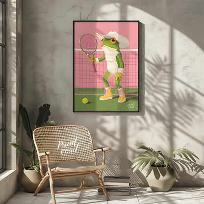 This whimsical digital illustration features a green frog, dressed in a white cowboy hat and yellow… for other