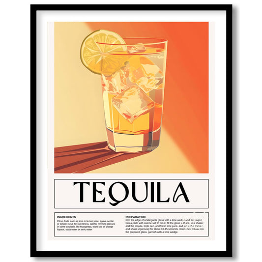 This striking and vibrant poster focuses on the versatile spirit of tequila, presented in a warm, i… for house