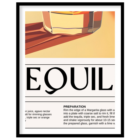 This striking and vibrant poster focuses on the versatile spirit of tequila, presented in a warm, i… for house