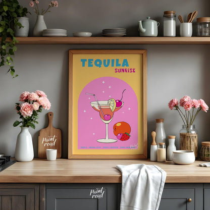 This vibrant and energetic poster showcases a classic Tequila Sunrise cocktail, bursting with color… for kitchen