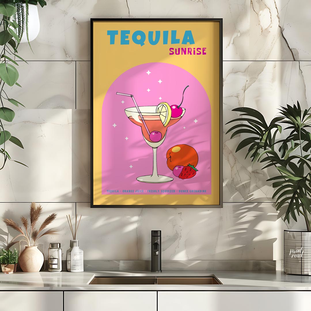 This vibrant and energetic poster showcases a classic Tequila Sunrise cocktail, bursting with color… for kitchen