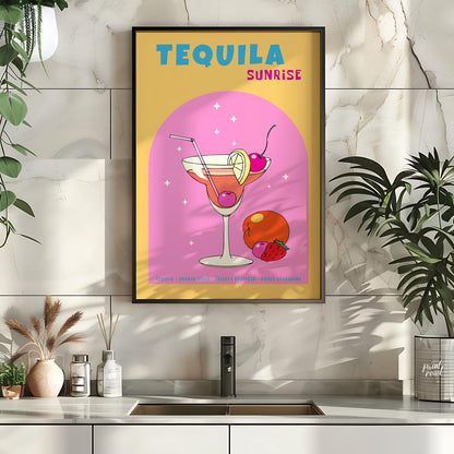 This vibrant and energetic poster showcases a classic Tequila Sunrise cocktail, bursting with color… for kitchen