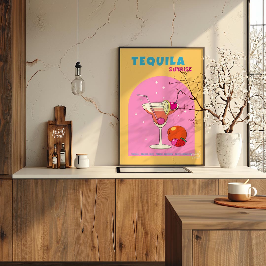 This vibrant and energetic poster showcases a classic Tequila Sunrise cocktail, bursting with color… for kitchen