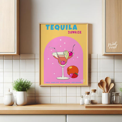 This vibrant and energetic poster showcases a classic Tequila Sunrise cocktail, bursting with color… for kitchen