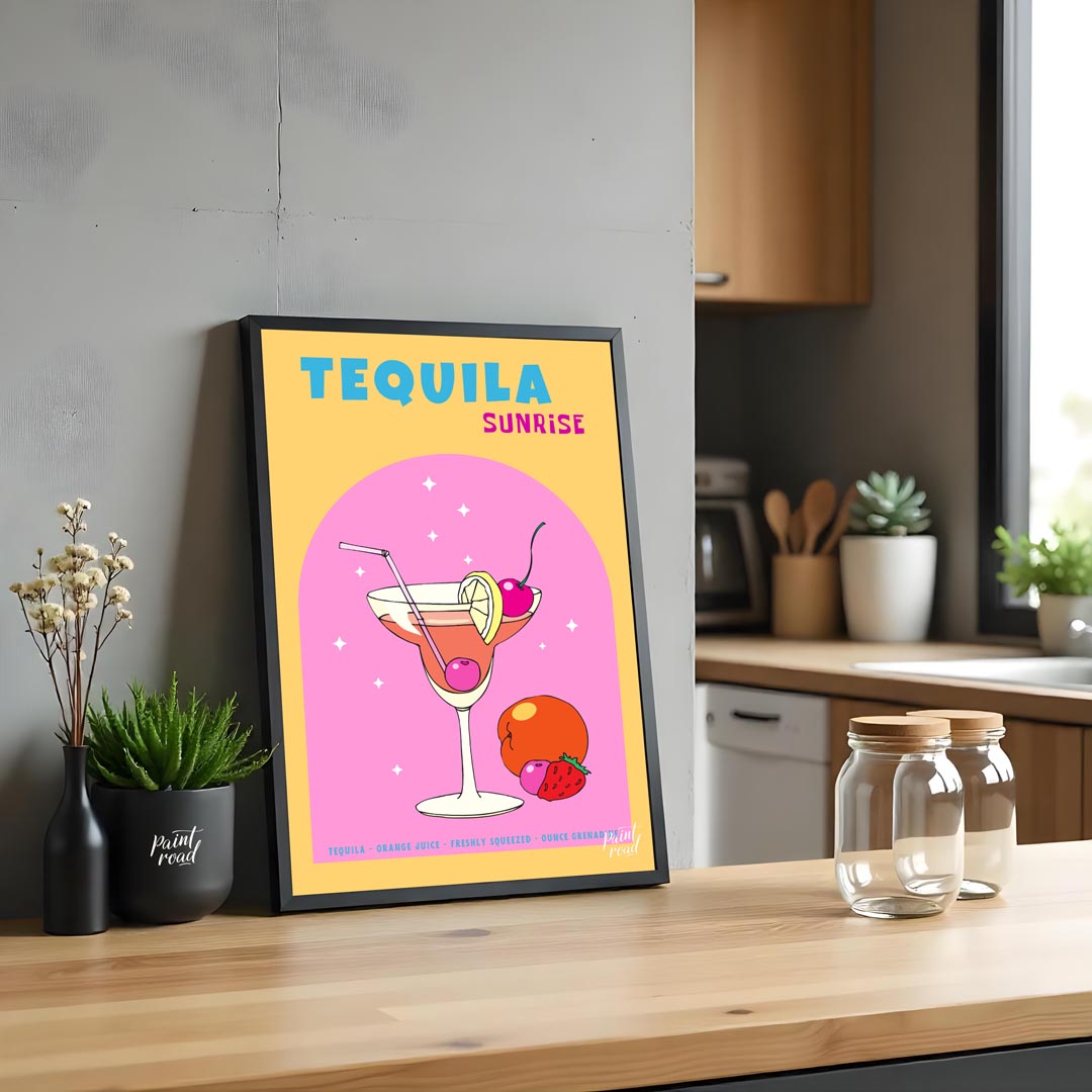 This vibrant and energetic poster showcases a classic Tequila Sunrise cocktail, bursting with color… for kitchen