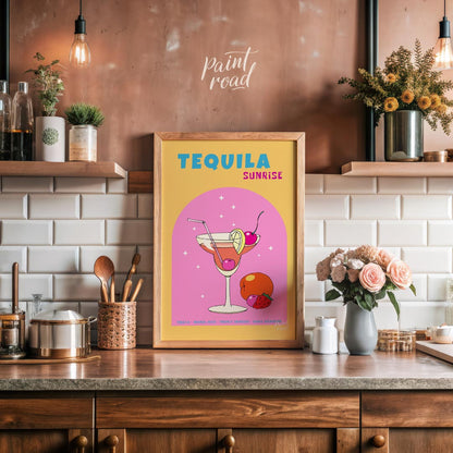 This vibrant and energetic poster showcases a classic Tequila Sunrise cocktail, bursting with color… for kitchen