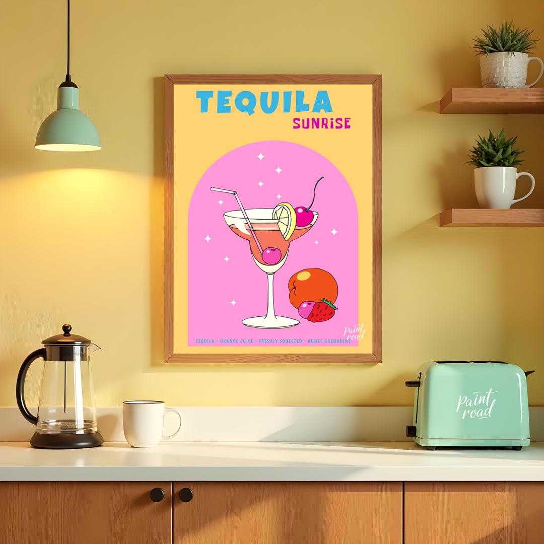 This vibrant and energetic poster showcases a classic Tequila Sunrise cocktail, bursting with color… for kitchen