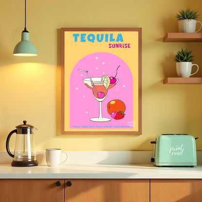 This vibrant and energetic poster showcases a classic Tequila Sunrise cocktail, bursting with color… for kitchen