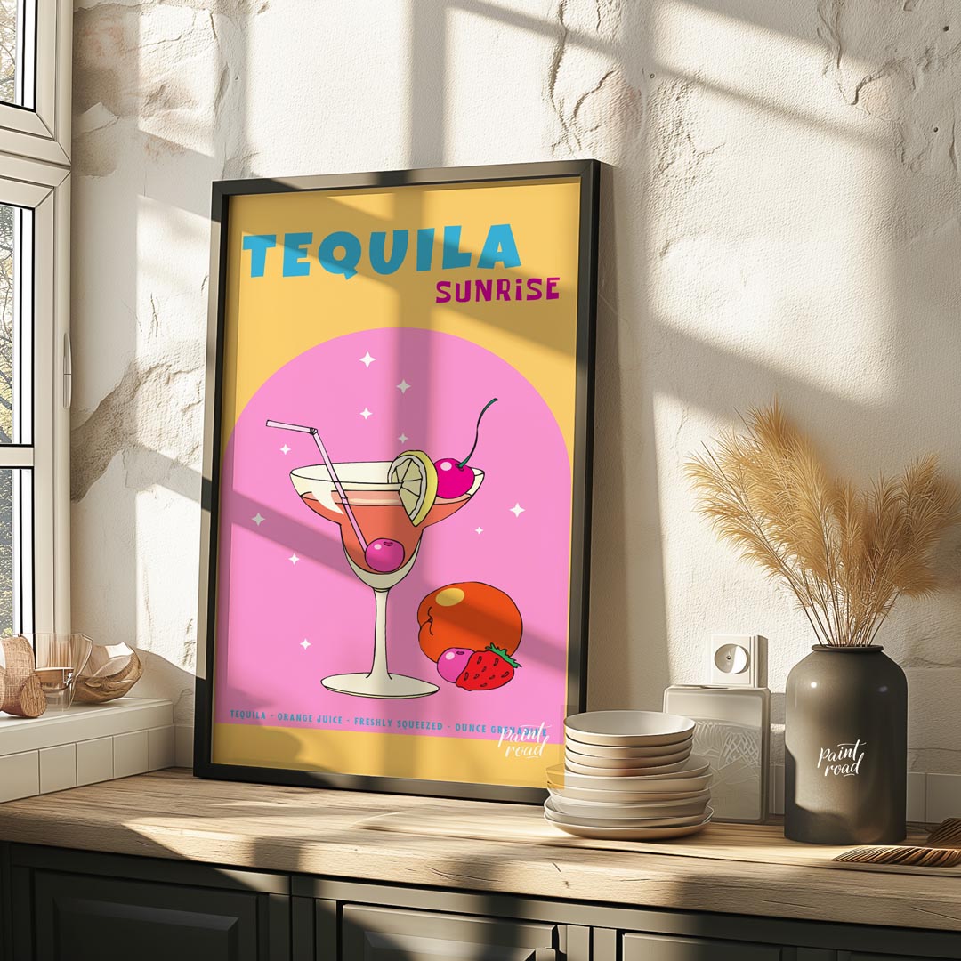 This vibrant and energetic poster showcases a classic Tequila Sunrise cocktail, bursting with color… for kitchen