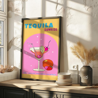 This vibrant and energetic poster showcases a classic Tequila Sunrise cocktail, bursting with color… for kitchen
