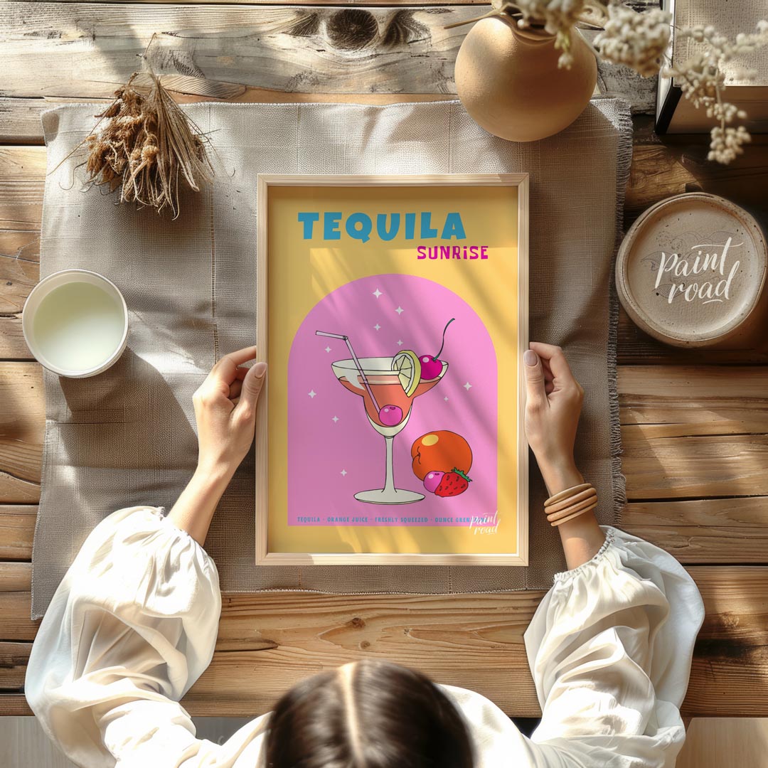 This vibrant and energetic poster showcases a classic Tequila Sunrise cocktail, bursting with color… for other