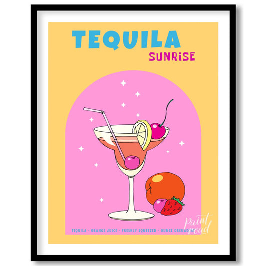 This vibrant and energetic poster showcases a classic Tequila Sunrise cocktail, bursting with color… for room
