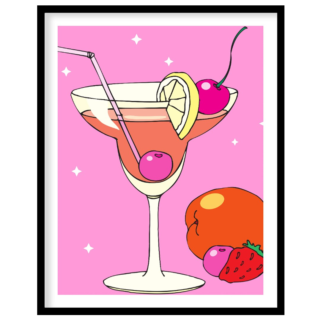 This vibrant and energetic poster showcases a classic Tequila Sunrise cocktail, bursting with color… for room