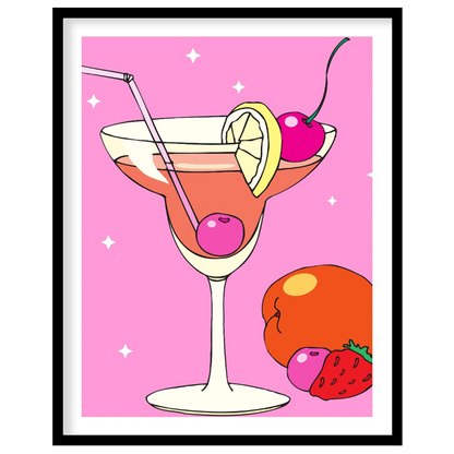 This vibrant and energetic poster showcases a classic Tequila Sunrise cocktail, bursting with color… for room
