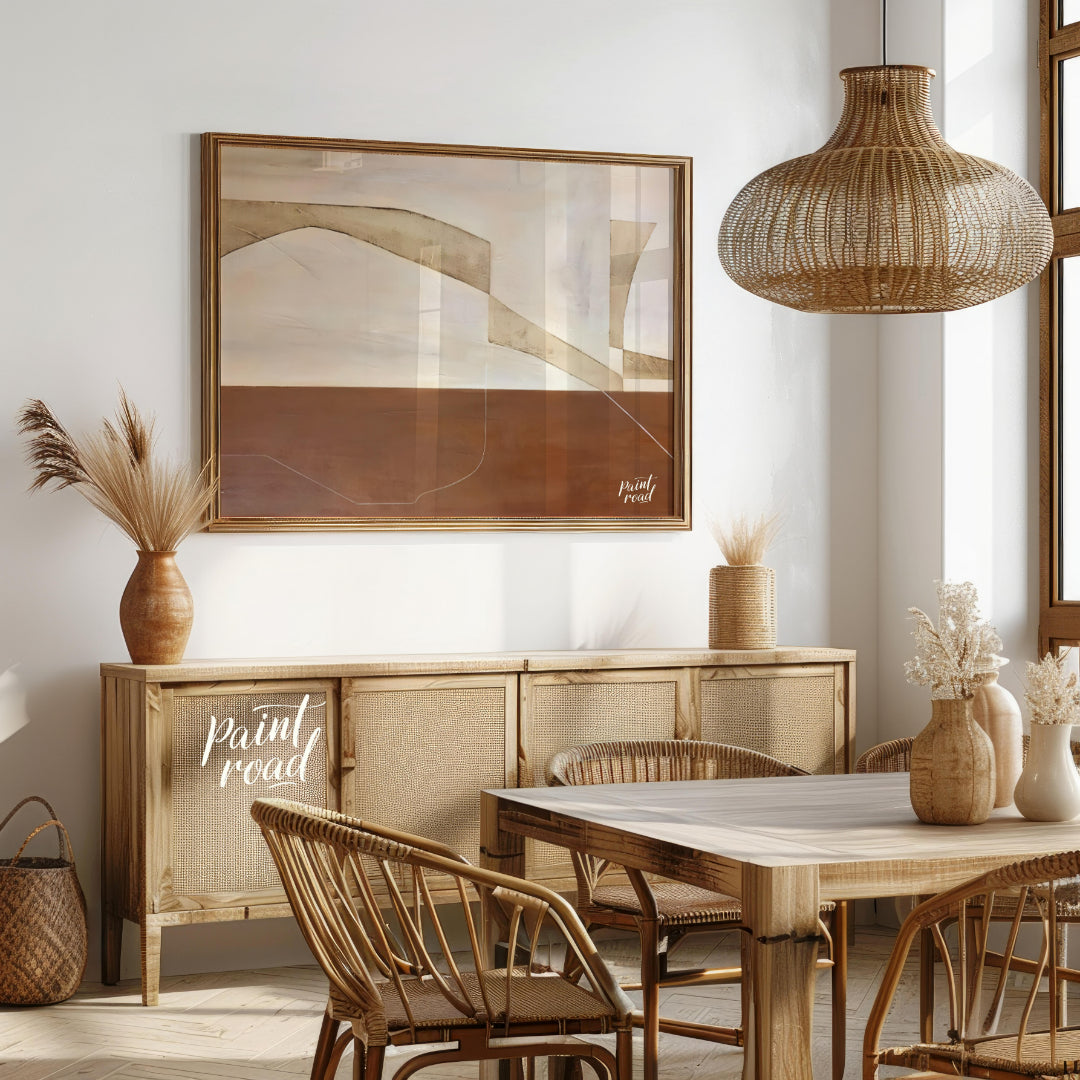 """Terra Arches"" presents a serene composition of abstract forms and earthy tones, evoking a sense… for dining room