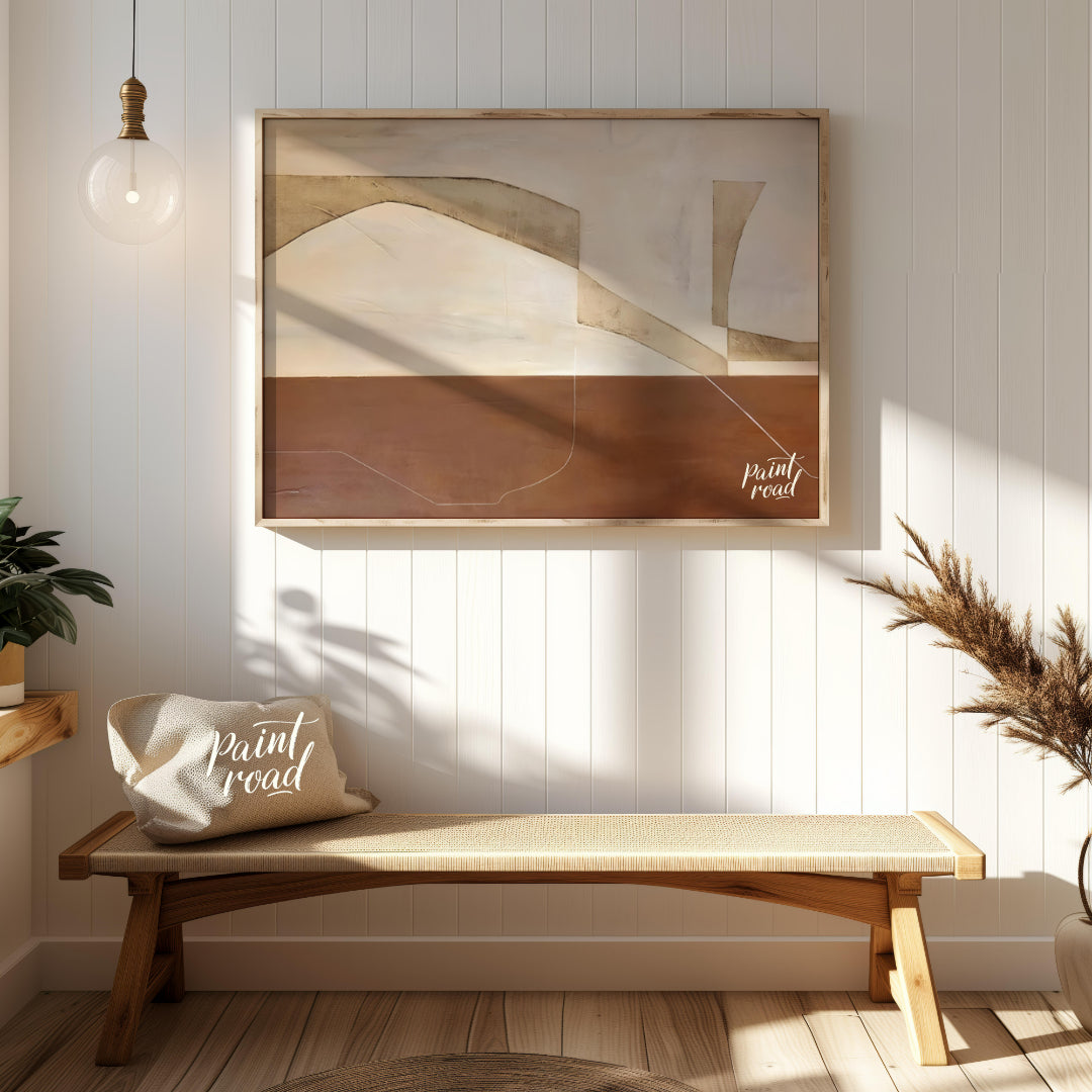 """Terra Arches"" presents a serene composition of abstract forms and earthy tones, evoking a sense… for entryway