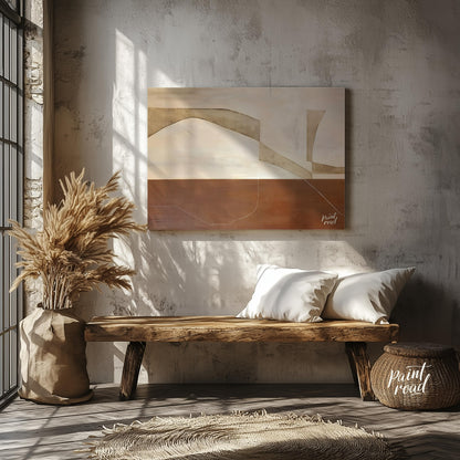 """Terra Arches"" presents a serene composition of abstract forms and earthy tones, evoking a sense… for entryway