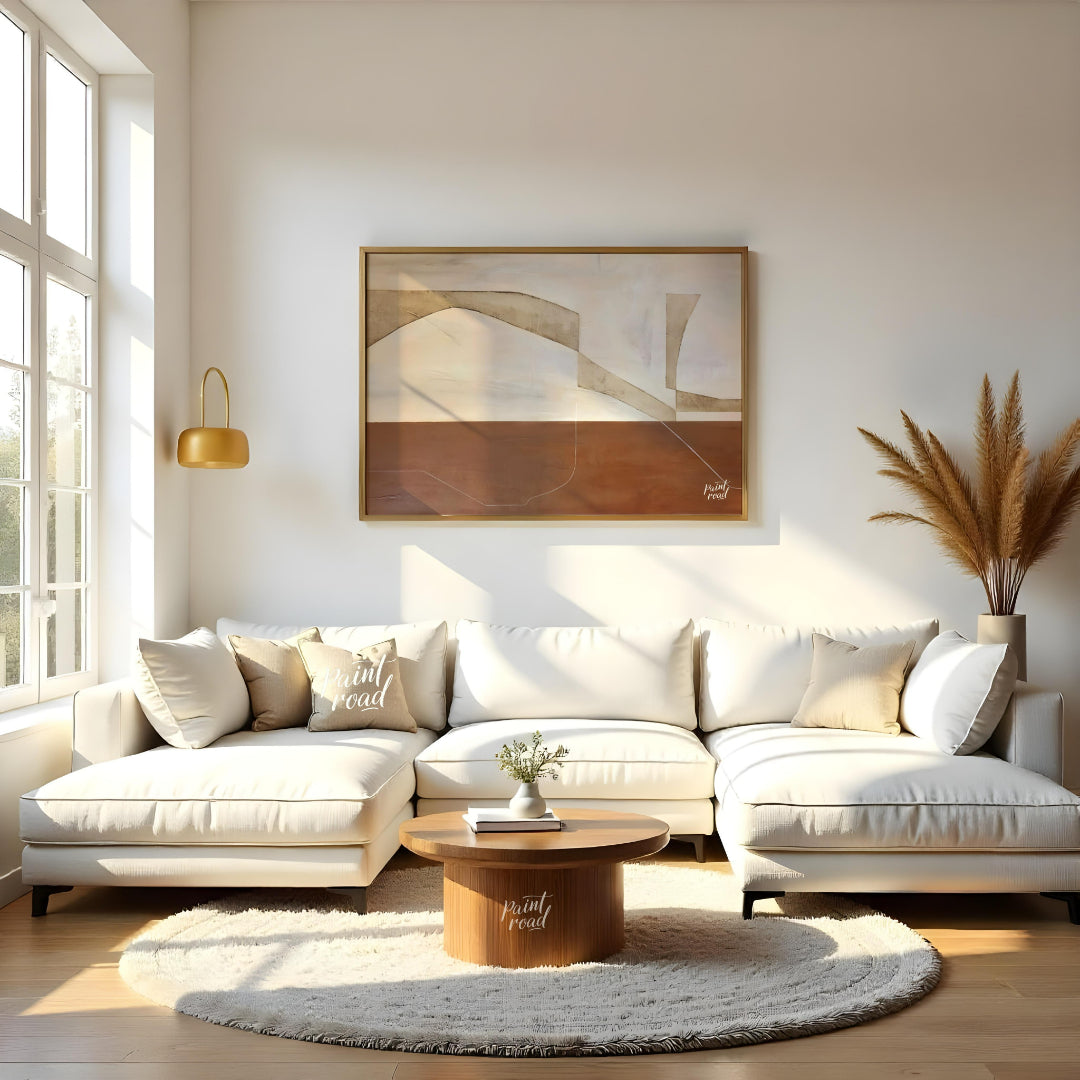 """Terra Arches"" presents a serene composition of abstract forms and earthy tones, evoking a sense… for living room