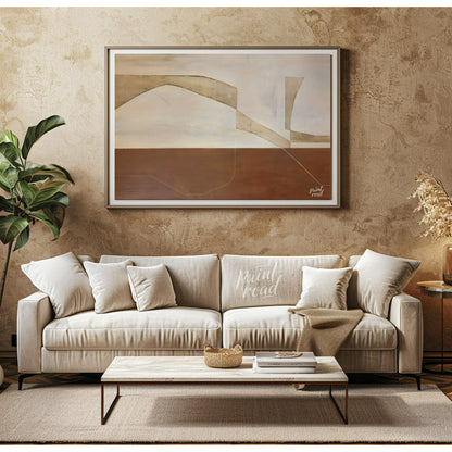 """Terra Arches"" presents a serene composition of abstract forms and earthy tones, evoking a sense… for living room