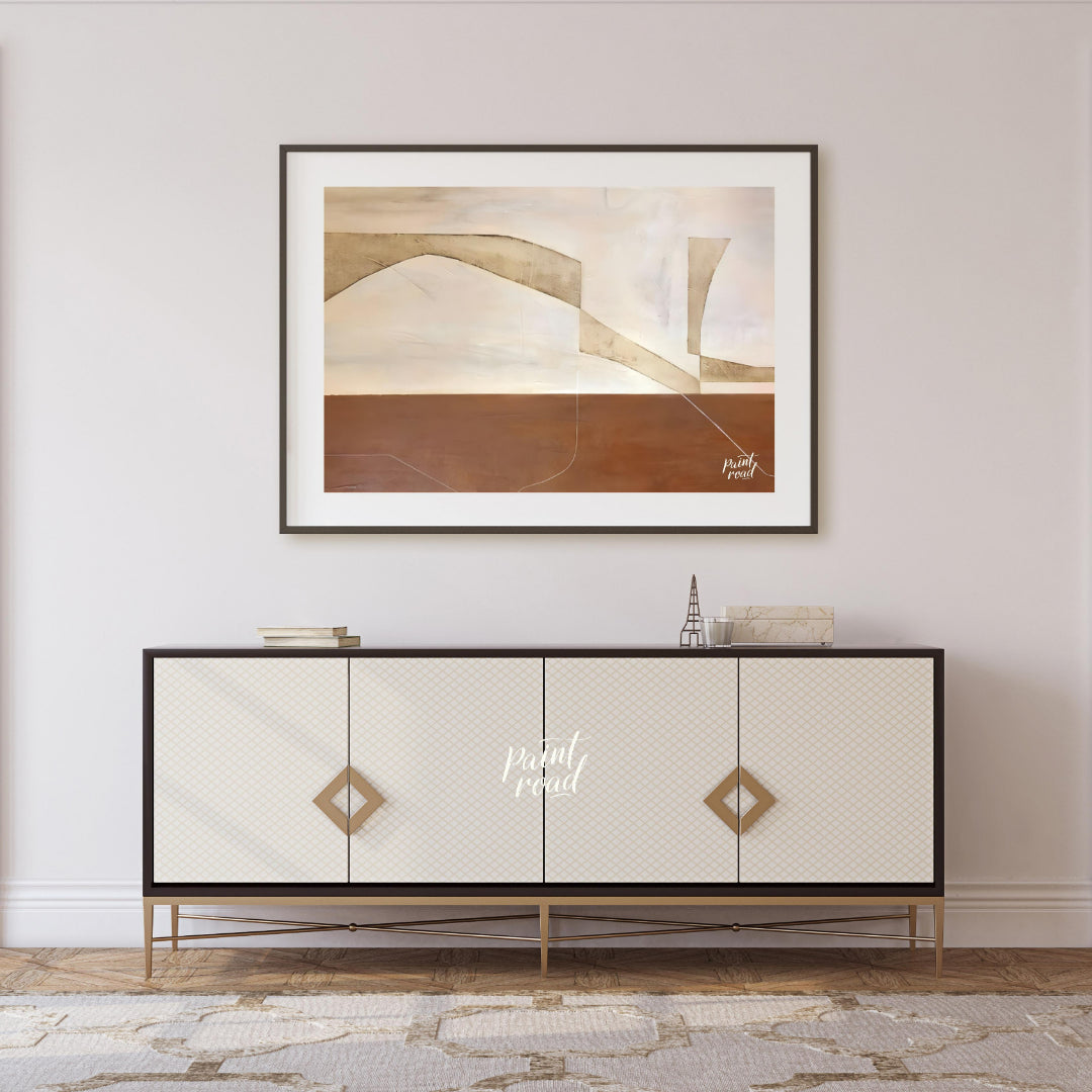 """Terra Arches"" presents a serene composition of abstract forms and earthy tones, evoking a sense… for living room
