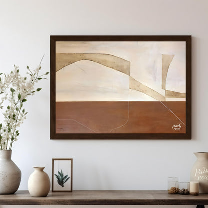 """Terra Arches"" presents a serene composition of abstract forms and earthy tones, evoking a sense… for living room