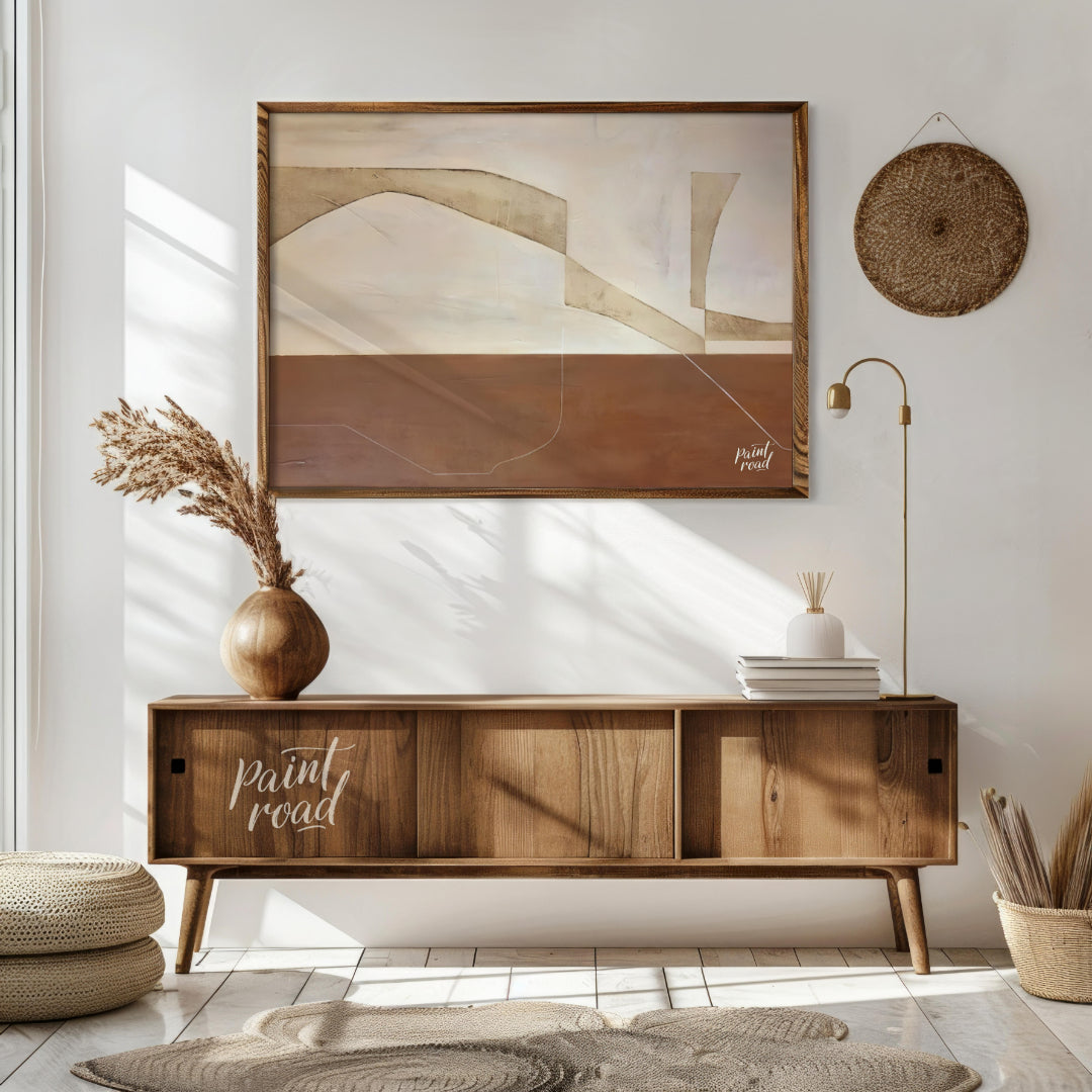 """Terra Arches"" presents a serene composition of abstract forms and earthy tones, evoking a sense… for living room