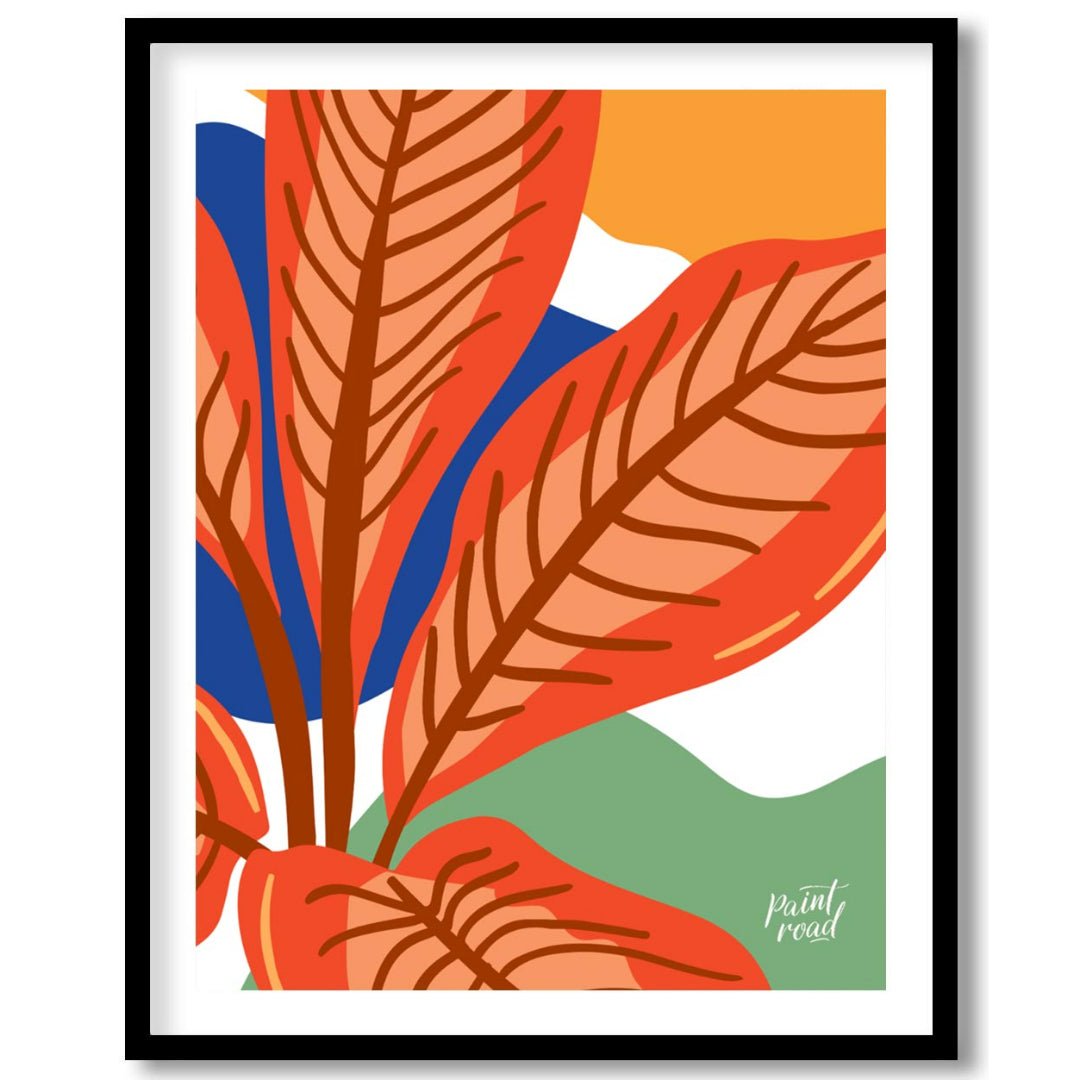 This vibrant digital illustration features stylized leaves in warm terracotta tones, set against a … for abode