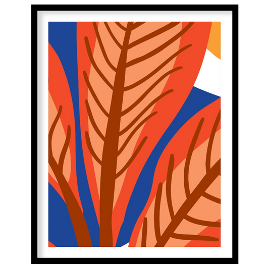 This vibrant digital illustration features stylized leaves in warm terracotta tones, set against a … for abode