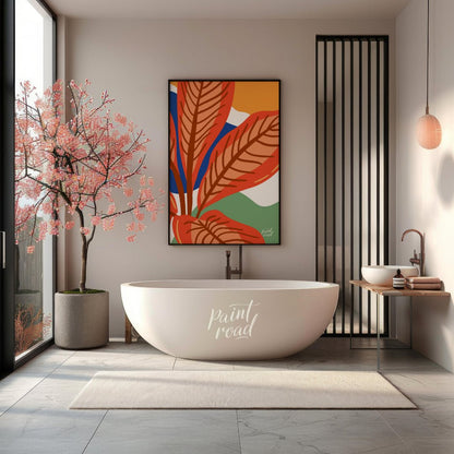 This vibrant digital illustration features stylized leaves in warm terracotta tones, set against a … for bathroom