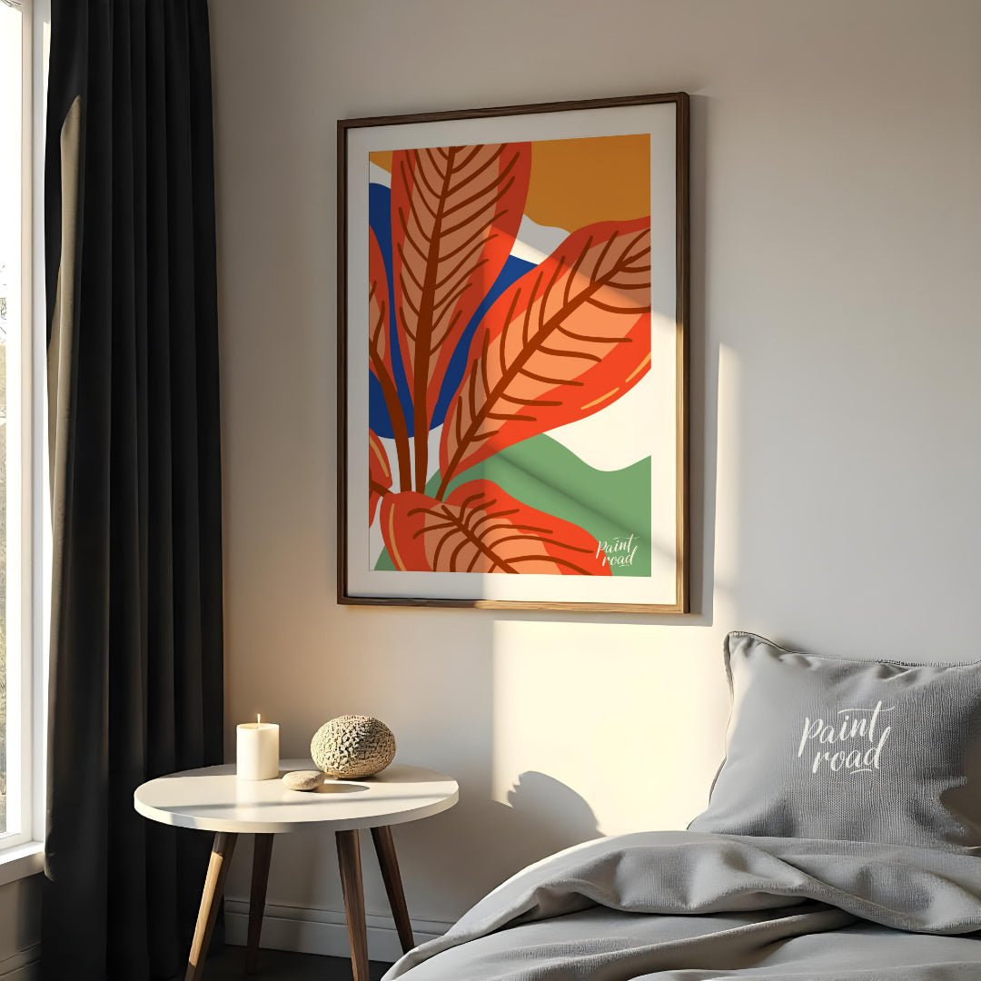 This vibrant digital illustration features stylized leaves in warm terracotta tones, set against a … for bedroom