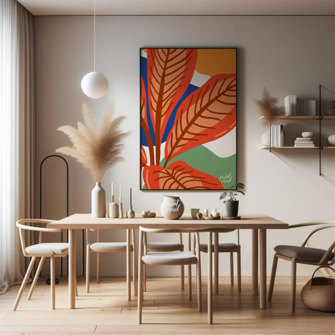 This vibrant digital illustration features stylized leaves in warm terracotta tones, set against a … for dining room